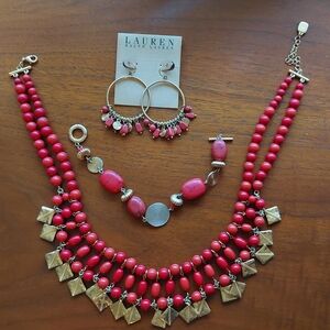 5pc LAUREN Ralph Lauren red natural stone and gold tone jewelry lot